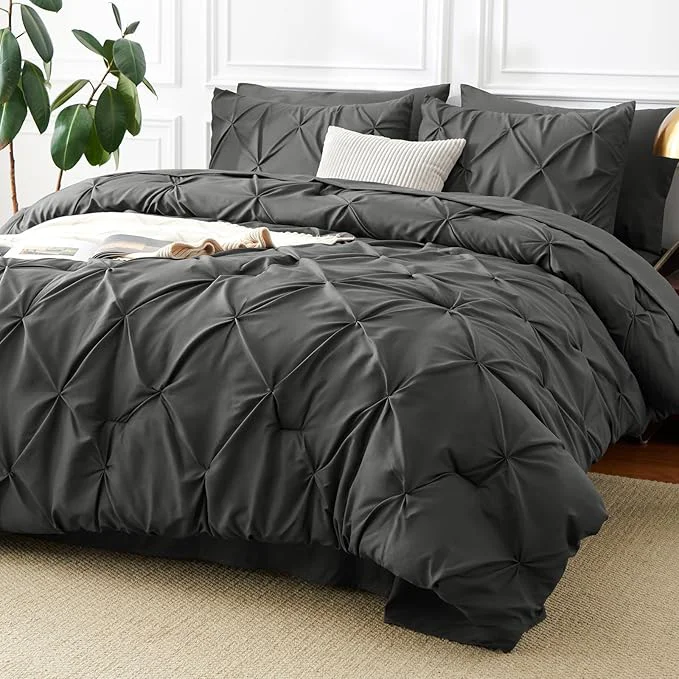 Reusable CozyLux Queen Comforter Set Dark Grey 7 Pieces Pintuck Bed in A Bag Premium Contemporary