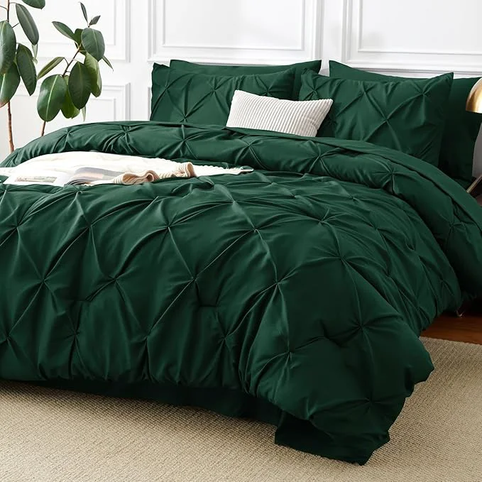 High-Performance CozyLux King Size Comforter Set Emerald Green 7 Pieces Pintuck Bed in A Bag Proven