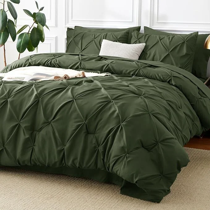 Carefully Designed CozyLux King Size Comforter Set Olive Green 7 Pieces Pintuck Bed in A Bag User-Friendly