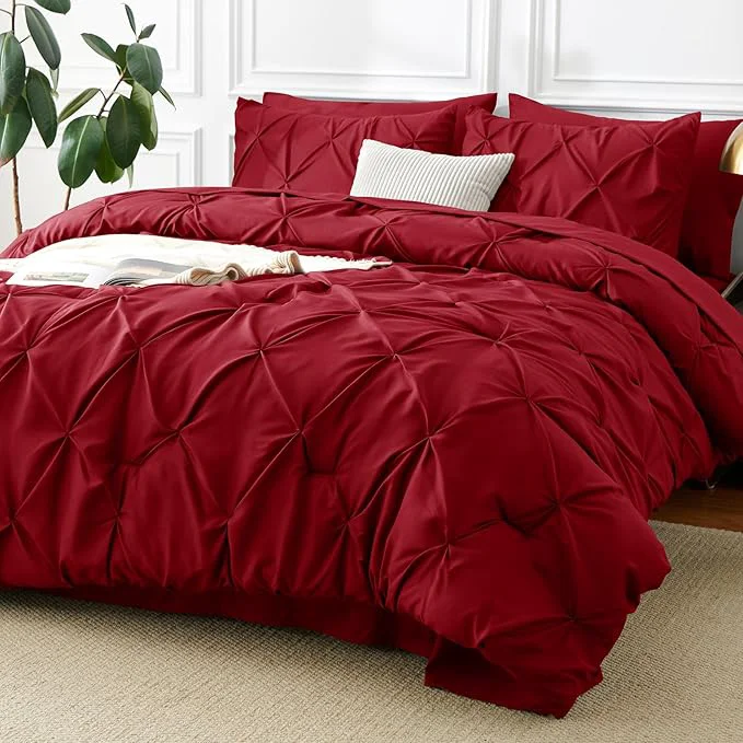 Advanced CozyLux Queen Comforter Set Dark Red 7 Pieces Pintuck Bed in A Bag Premium User-Friendly
