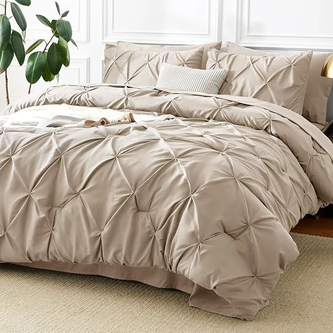Solid CozyLux King Size Comforter Set Wheat 7 Pieces Pintuck Bed in A Bag Wheat Trendy