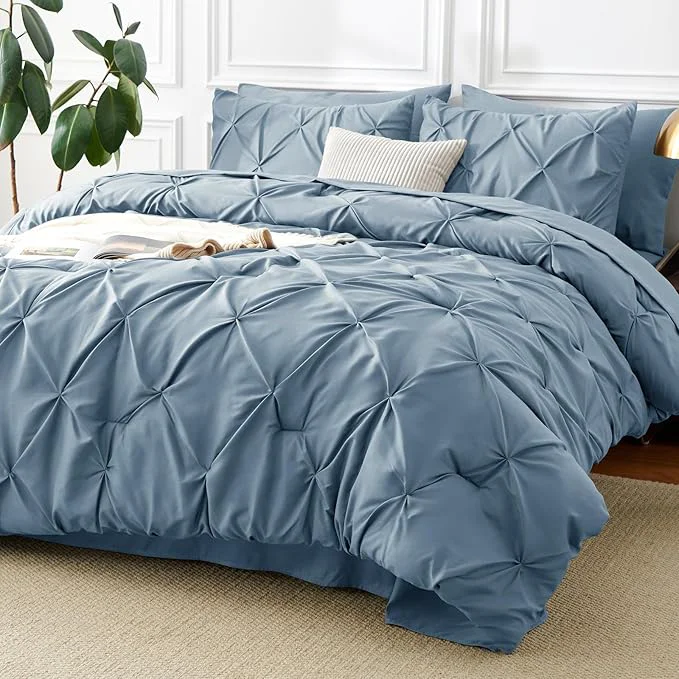 Exceptional CozyLux Full Size Comforter Sets Mineral Blue 7 Pieces Pintuck Bed in A Bag Relaxed