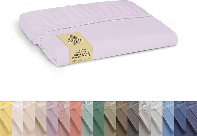 Pure Linen Home Cotton Percale Weave Fitted Sheet Full Size Iris Lilac High-End