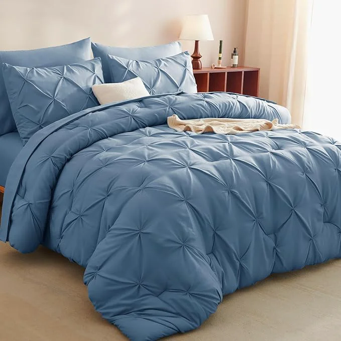 Traditional CozyLux Queen Comforter Set Grayish Blue 7 Pieces Pintuck Bed in A Bag Contemporary