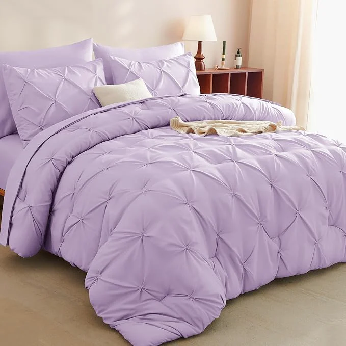 User-Friendly CozyLux Queen Comforter Set Lavender 7 Pieces Pintuck Bed in A Bag Premium Convenient