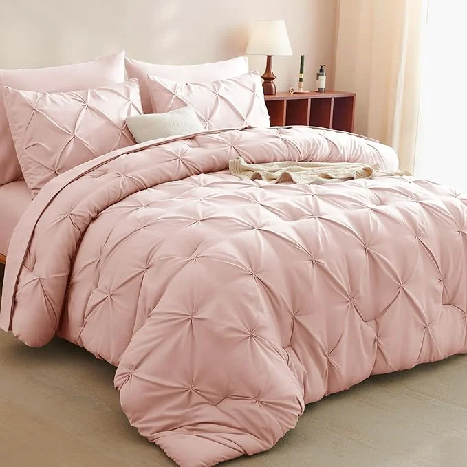 Classic CozyLux Queen Comforter Set Blush Pink 7 Pieces Pintuck Bed in A Bag Premium Elegant