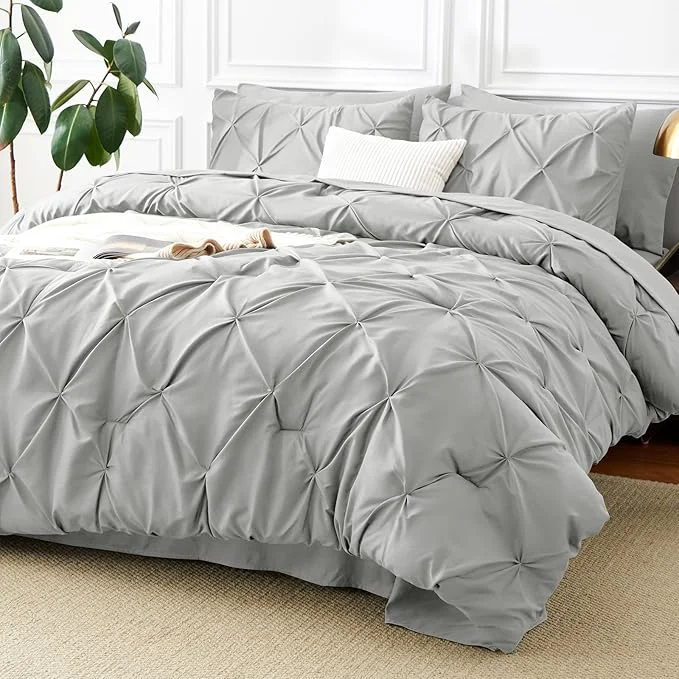 Flexible CozyLux King Size Comforter Set Light Grey 7 Pieces Pintuck Bed in A Bag Gray Relaxed