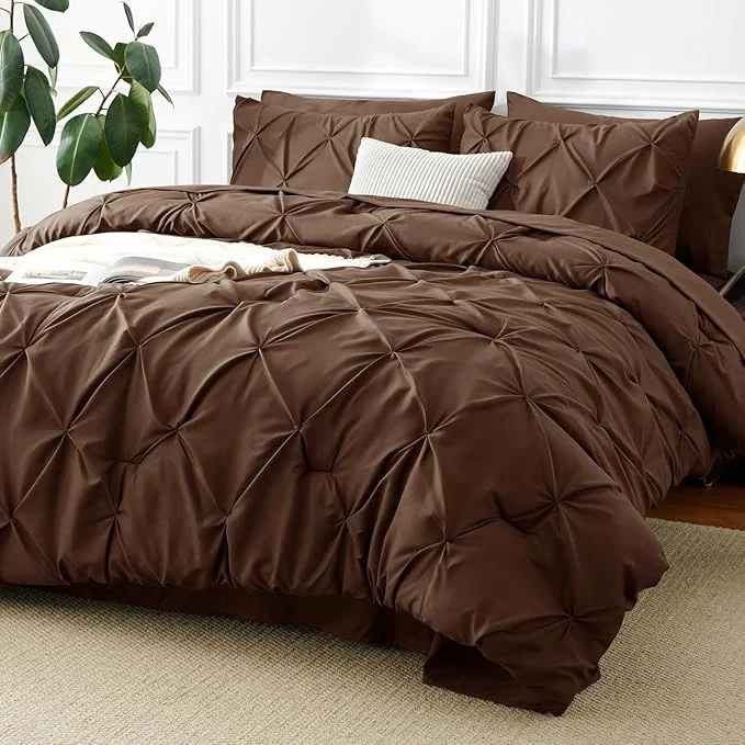 Professional CozyLux Queen Comforter Set Brown 7 Pieces Pintuck Bed in A Bag Premium Brown Advanced
