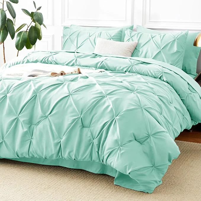 Traditional CozyLux King Size Comforter Set Mint Green 7 Pieces Pintuck Bed in A Bag Green Environmentally Friendly