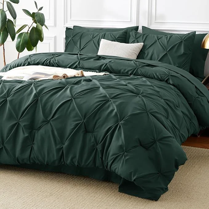 Premium Material CozyLux Queen Comforter Set Forest Green 7 Pieces Pintuck Bed in A Bag Soft