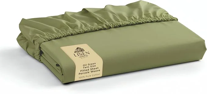 Premium Material Linen Home Cotton Percale Weave Fitted Sheet Twin Size Oil Green World-Class