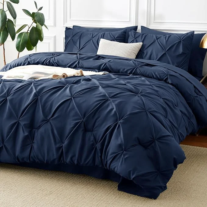 Consistent CozyLux Queen Comforter Set Navy Blue 7 Pieces Pintuck Bed in A Bag Premium Stylish