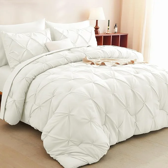 Pure CozyLux King Size Comforter Set Ivory 7 Pieces Pintuck Bed in A Bag Ivory Next-Generation