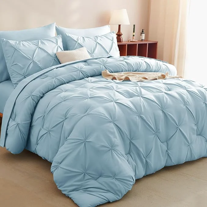 Artisan CozyLux Queen Comforter Set Light Blue 7 Pieces Pintuck Bed in A Bag Premium Functional