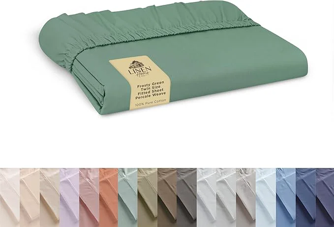 Casual Linen Home Cotton Percale Weave Fitted Sheet Twin Size Frosty Green Luxury