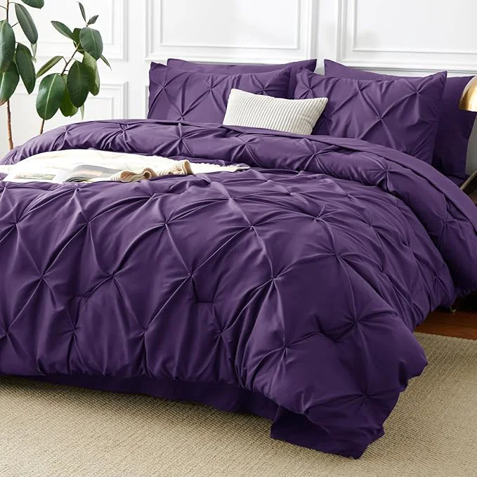 Top-Quality CozyLux Queen Comforter Set Purple 7 Pieces Pintuck Bed in A Bag Premium High-Performance