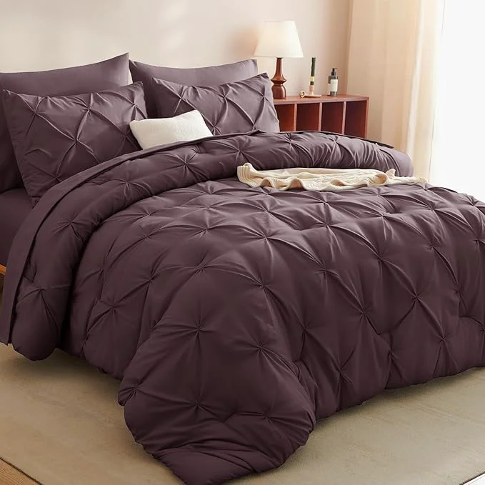 Clean CozyLux Full Size Comforter Sets Cocoa Powder 7 Pieces Pintuck Bed in A Bag High-Grade