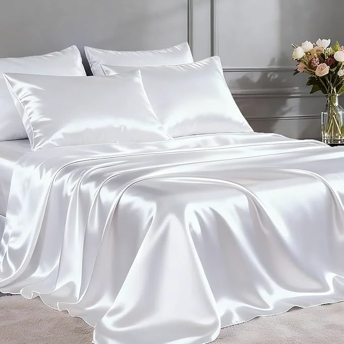 Traditional FreshCulture Satin Sheets Queen Size Bed Set- 4 Piece Luxury Soft Silky Queen Casual