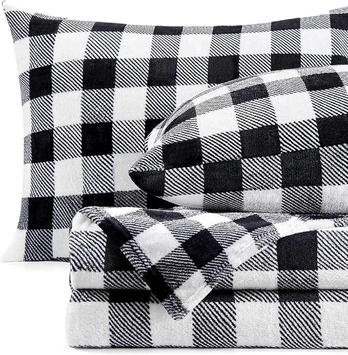 Trendy BEDELITE Fleece Sheets Queen Size Bed Set Luxury Red and Black Plaid Winter Detailed