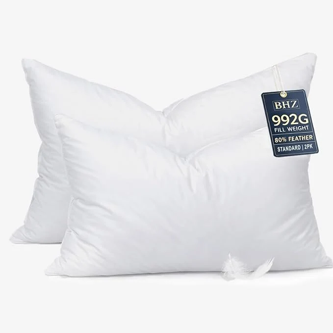 Authentic BHZ Down Feather Standard Queen Pillows Set of 2 Pack Luxury Hotel Collection Trendy