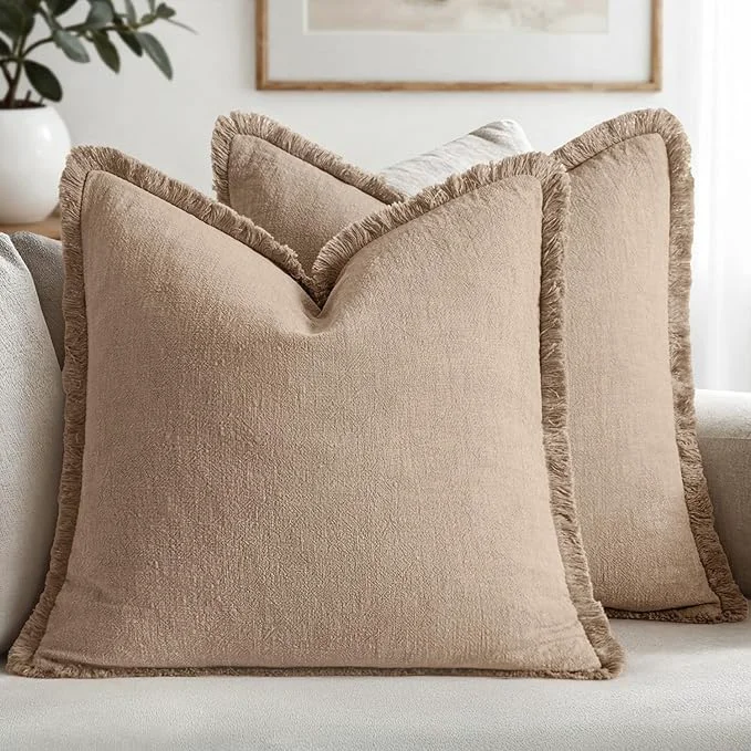 Specialty MIULEE Decorative Throw Pillow Covers Neutral Linen Fringe Throw Pillows Euro Consistent