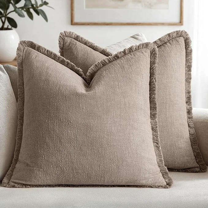 Comfortable MIULEE Decorative Throw Pillow Covers Neutral Linen Fringe Throw Pillows Euro Casual