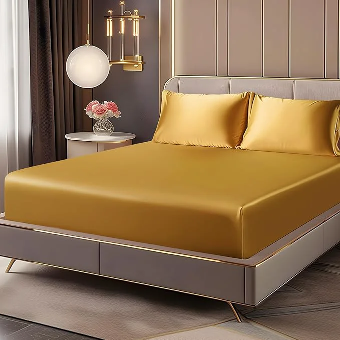 Advanced BEDELITE Satin Fitted Sheet and Pillowcases Set Luxury Soft Similar to Silk Optimized
