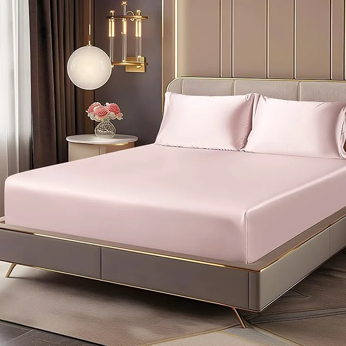 Certified BEDELITE Satin Fitted Sheet and Pillowcases Set Luxury Soft Similar to Silk Smart