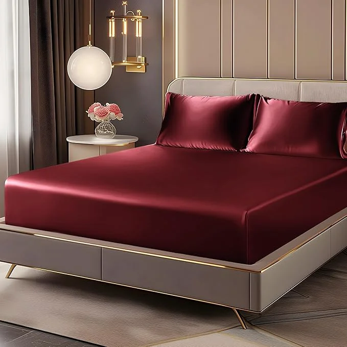 Durable BEDELITE Satin Fitted Sheet and Pillowcases Set Luxury Soft Similar to Silk High-Performance