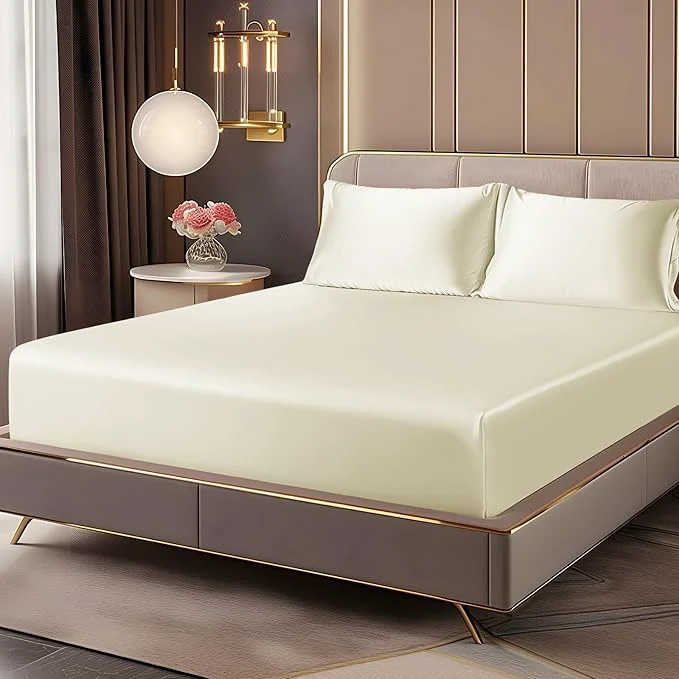 Verified BEDELITE Satin Fitted Sheet and Pillowcases Set Luxury Soft Similar to Silk Top-Quality