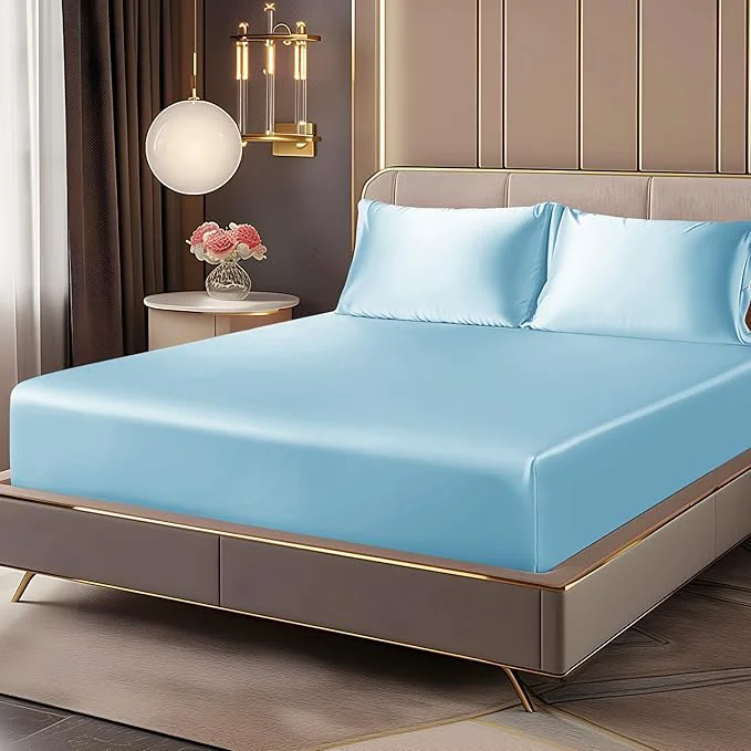 Effective BEDELITE Satin Fitted Sheet and Pillowcases Set Luxury Soft Similar to Silk Natural