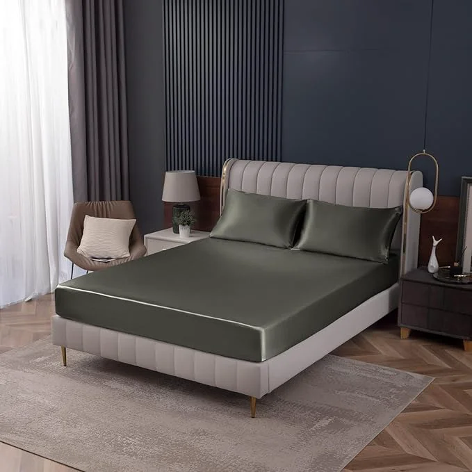 Consistent Homiest Dark Grey Satin Fitted Sheet Twin Size Deep Pocket Luxury Ultra Quality