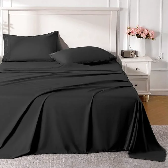 Smooth ROSE RISY Black Queen Sheet Set 4 Pieces Soft Bedding Queen Sheet Set Premium