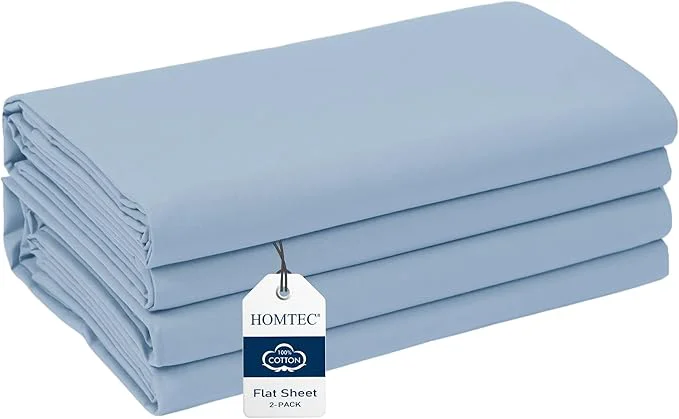 Solid Queen Size Flat Sheet 2 Pack Cotton Percale Flat Bed Sheet Breathable High-End
