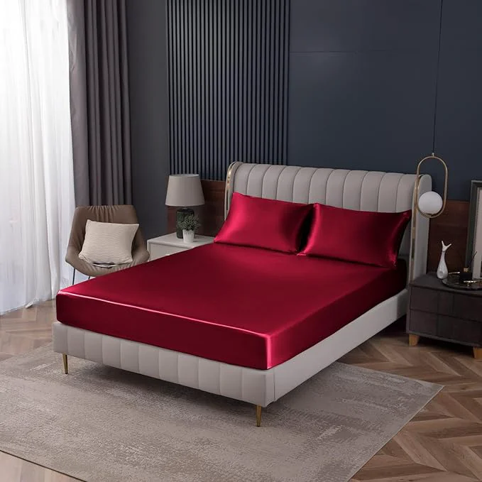 Carefully Designed Homiest Burgundy Satin Fitted Sheet Fine Crafted