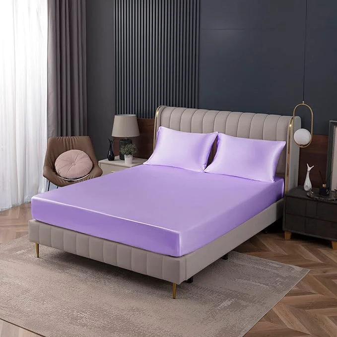 Premium Homiest Lavender Satin Fitted Sheet Queen Size Deep Pocket Luxury Ultra Trusted