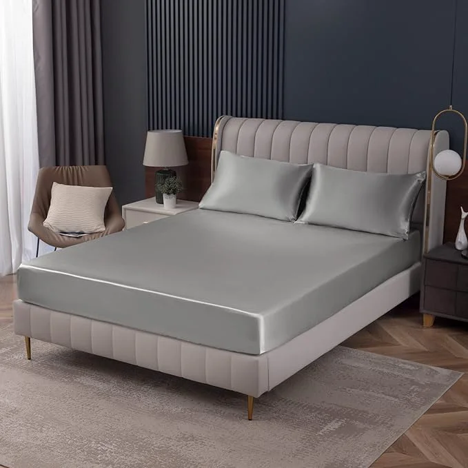 Authentic Homiest Light Grey Satin Fitted Sheet King Size Deep Pocket Luxury Ultra Sophisticated
