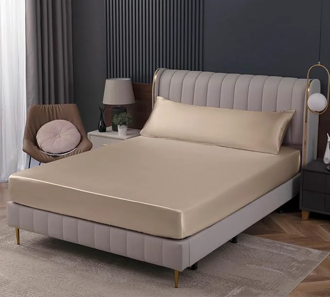 Eco-Friendly Homiest Taupe Satin Fitted Sheet Queen Size Deep Pocket Luxury Ultra Soft