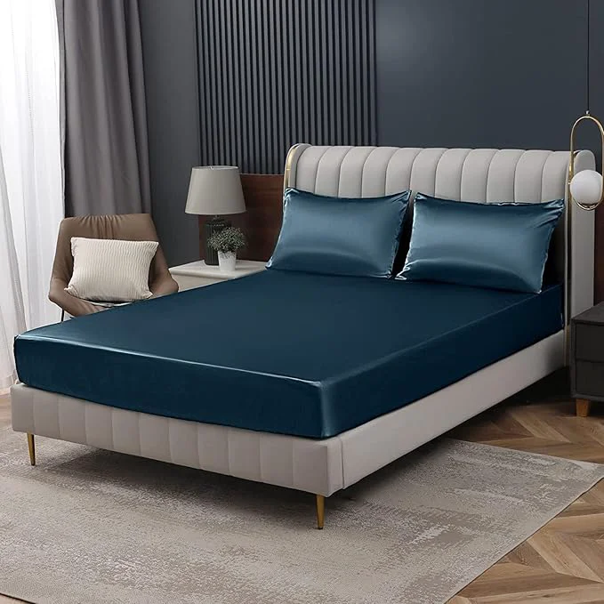 Solid Homiest Deep Sea Blue Satin Fitted Sheet Twin XL Size Deep Pocket Luxury Refined