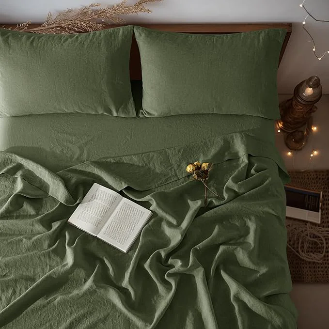 Clean LBRO2M Pure Linen Sheet Set Deep Pocket Up to 16 Bed Sheets Sets Green