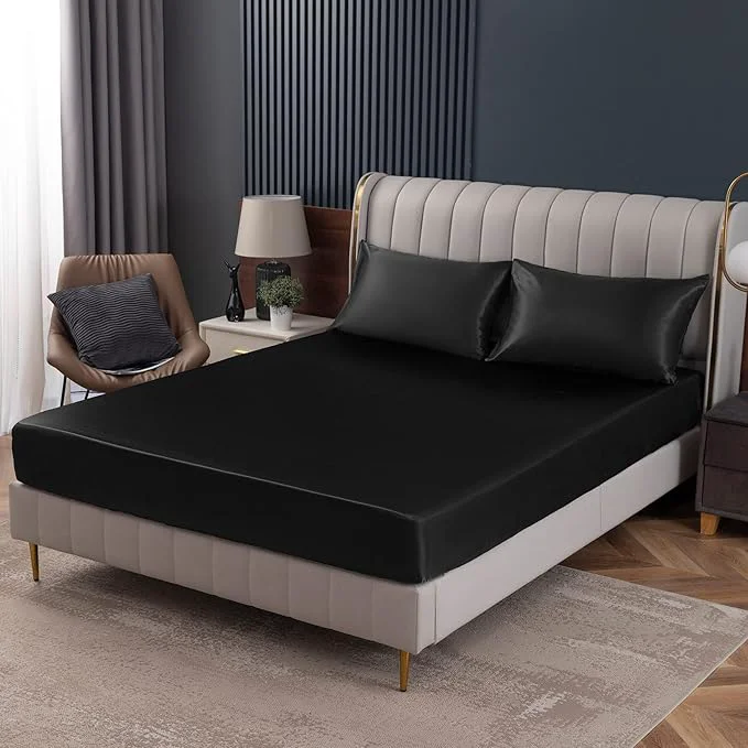 Exclusive Homiest Black Satin Fitted Sheet King Size Deep Pocket Luxury Ultra Soft Next-Generation