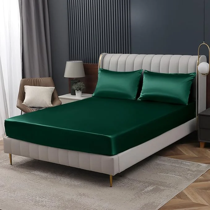 Recyclable Homiest Blackish Green Satin Fitted Twin Size Bed Sheet Deep Pocket Luxury Minimalist