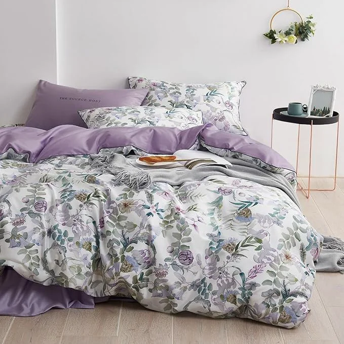 Secure mixinni Garden Style Purple Floral Printed on White Duvet Cover Queen Size Premium Material