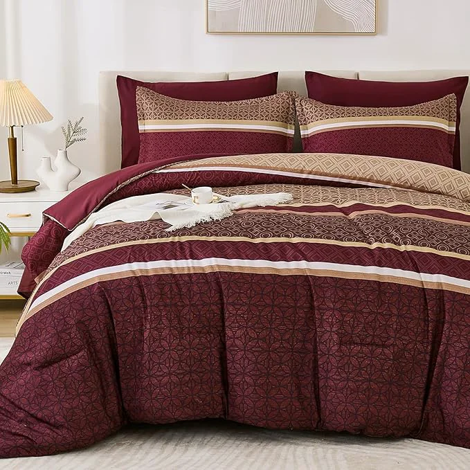 Dependable WONGS BEDDING Burgundy Comforter Set King Size 7 Pieces Maroon Striped Bed in Exceptional
