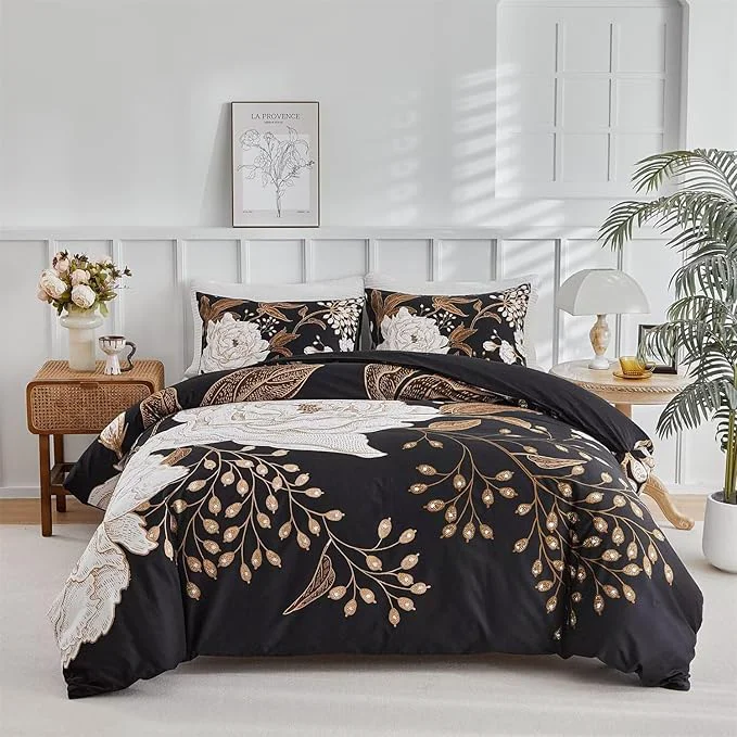 Sustainable MKXI Gold Floral Black Duvet Cover Twin XL Bedding Set Bold Vintage Style Green