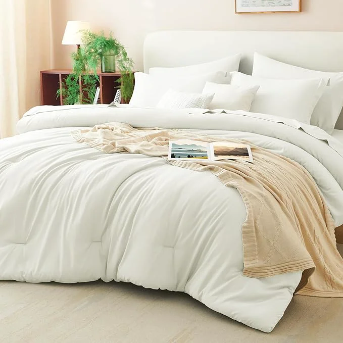 Comfortable CozyLux Queen Comforter Set Ivory 7 Pieces Bed in a Bag Queen Comforter Set Artisan