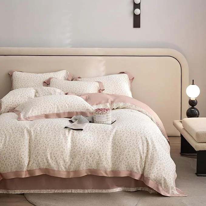 Breathable mixinni Pink White Floral Duvet Cover Twin XL Size Green Leaves Cute Flower Lightweight