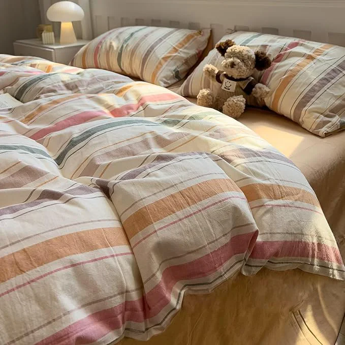 Excellent MKXI Washed Cotton Duvet Cover Set Retro Stripes in Autumn Palette 3-Piece Solid