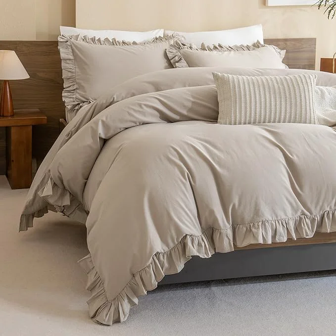 Recyclable QSH Washed Cotton Queen Duvet Cover Set Ruffle Duvet Cover Linen Textured Top-Quality