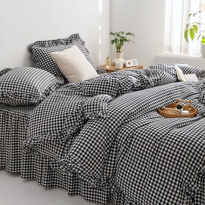Flexible MKXI Black and White Gingham Duvet Cover Twin XL 3-Piece Ruffled Bedding Set Premium Material